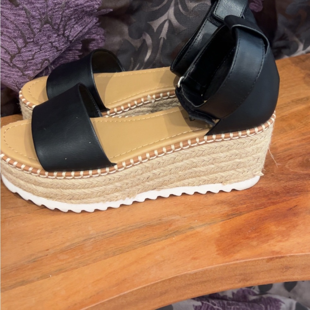 Soda Black and Tan Wedge Sandals